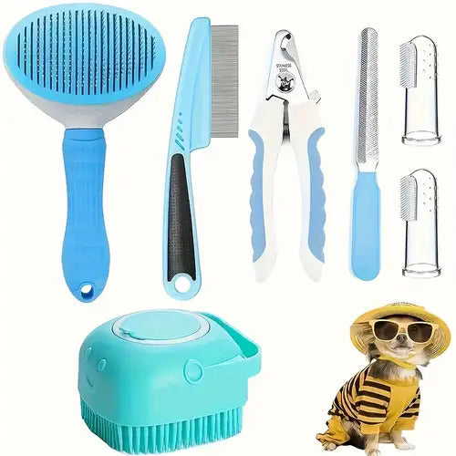 7 Pack Pet Grooming Set, Hair Removal Comb For Dog, Flea Comb, Dog Shampoo Brush, Pet Nail Clippers, Dog Toothbrush Set